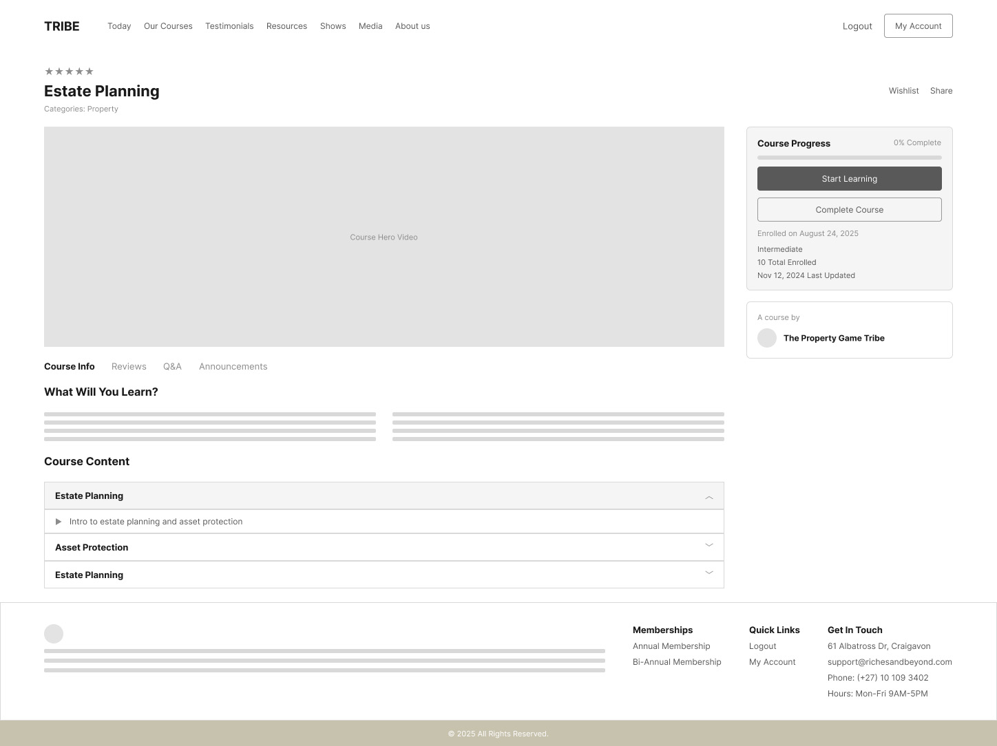 Low-fidelity wireframe of a course detail page, showing course progress, what you'll learn, and a course content accordion.